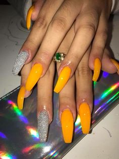 @effinkqueen Yellow Glitter Nails Acrylic, Yellow Jelly Nails, Yellow Glitter Nails, Yellow Jelly, Poppin Nails, Glitter Nails Acrylic, Drip Nails, Yellow Glitter, Coffin Nails Long