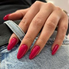 Deep Pink Acrylic Nails, Royal Pink Nails, Jewel Color Nails, Solid Color Summer Nails 2024, Pink Nails One Color, Vibrant Fall Nails, Magenta Red Nails, Dark Fuschia Nails, Pale Red Nails