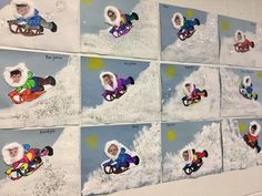 several pictures of children on sleds in the snow