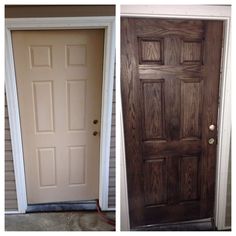 before and after pictures of a front door with woodgrain on the outside, and inside