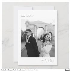 the save the date card features an image of a man and woman in formal attire