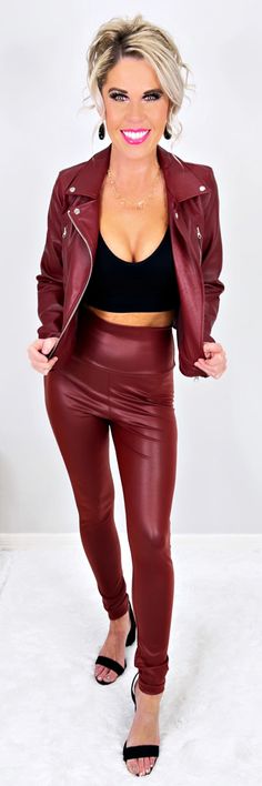 This faux leather jacket adds a little bite to your wardrobe. Made of cruelty-free vegan leather, it's the ultimate cold-weather staple in a rich burgundy hue. Breaking Promises Faux Leather Jacket in Burgundy. Breaking Promises, Wine Leather Leggings, Matching Jackets, Burgandy Leggings, Stretch High-waisted Faux Leather Leggings, Faux Leather Tight Full-length Leggings, Sleek Faux Leather Full-length Leggings, Burgundy Leggings, Rich Burgundy