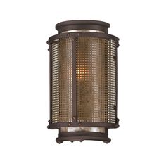 an outdoor wall light with metal mesh covering on the front and side panels, hanging from a