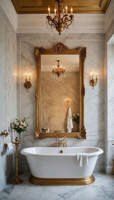 a white bath tub sitting under a large mirror in a bathroom next to a chandelier