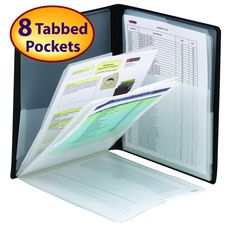 a binder with eight tabbed pockets on it and the text 8 tabbed pockets