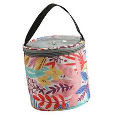 an image of a colorful flower pattern lunch bag with handle and zippered closures