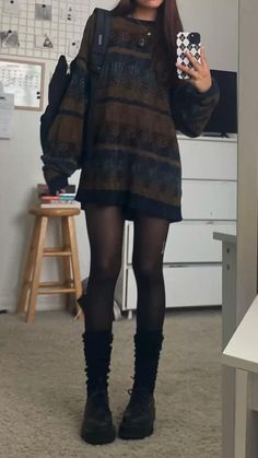 Slip Dress Alternative Outfit, Grundy Fall Outfits, Sweater Dress Grunge, Thanksgiving Outfit Grunge, Fall Outfit Inspo Grunge, Fall Outfits 2023 Grunge, Cute Fall Grunge Outfits, Cute Soft Grunge Outfits, Knee Socks Outfits Grunge