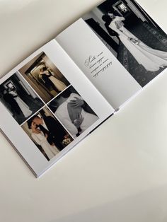 an open wedding album with pictures of the bride and groom on it's pages