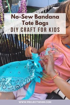 Fun Kid Crafts For Summer, Bandana Bags No Sew, Fabric Crafts For Kids No Sew, No Sew Projects For Kids, Easy Camp Crafts For Kids, Slumber Party Crafts For Kids, No Sew Bandana Bag, No Sew Crafts For Kids, Crafts To Do While Camping