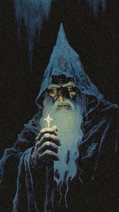 an old wizard holding a glowing star in his hand and looking at the camera with evil eyes