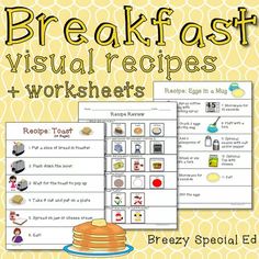 breakfast visual worksheets for kids to learn how to make pancakes and other breakfast foods