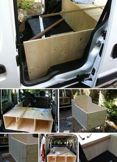 there are several pictures of the inside of a van with drawers and shelves in it