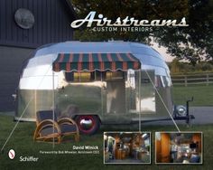 an airstreams trailer is shown with pictures of the interior and side doors open