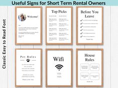 six different types of rental signs for short term rental owners, with the text useful signs for