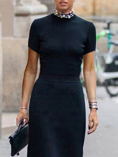 Elegant Crew Neck Plain Regular Fit Dress Elegant Black Crew Neck Mini Dress, Elegant Black Boat Neck Midi Dress, Chic Black Boat Neck Dress, Black Fitted Boat Neck Midi Dress, Black Chic Midi Dress 3/4 Length, Executive Fashion, Clothes For Women Over 50, Black Leather Handbags, Cute Fall Outfits