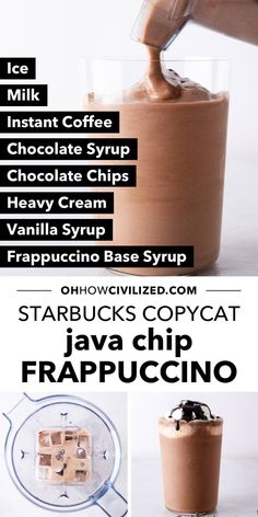 the ingredients for an ice cream smoothie are shown in three different pictures, including chocolate and vanilla