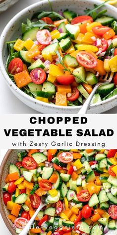 chopped vegetable salad with zesty garlic dressing in a white bowl and on the side