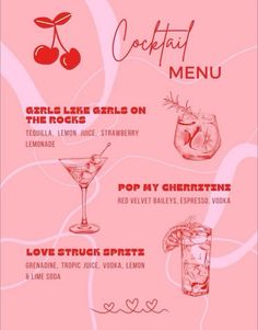 the menu for cocktails is shown in red and pink colors, including cherries