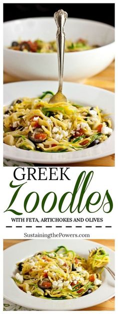 greek zoodles with feta, artichokes and olives are an easy side dish