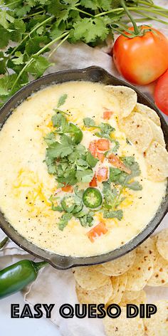 Cheesy queso dip in a cast iron skillet with jalapenos, tomatoes, cilantro and tortilla chips. Queso Dip Easy, Spicy Queso Dip, Queso Dip Crockpot, Queso Fresco Recipe