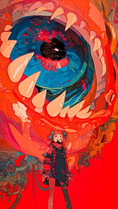 a woman is standing in front of an abstract painting with red, blue and orange colors