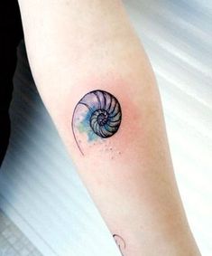 a woman's arm with a tattoo on it that has a nauti shell in the middle