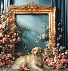 a golden retriever dog sitting in front of a floral backdrop with an ornate gold frame