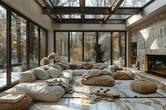 a living room filled with lots of pillows and blankets on top of it's floor