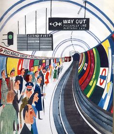 an advertisement for the london underground railway, with people walking on the platform in front of it