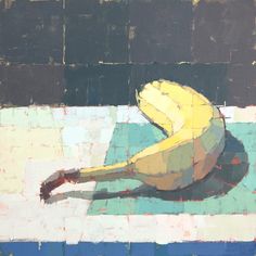 a painting of a banana sitting on top of a blue and white tablecloth with squares