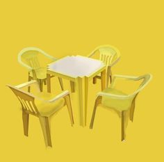 a yellow table and four chairs against a yellow background