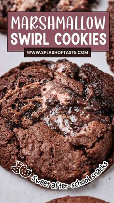 chocolate marshmallow swirl cookies on a sheet of parchment paper with text overlay