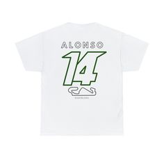 Product Details: F1 Back Print Fernando Alonso inspired T-Shirt. Featuring driver number 14 for Fernando Alonso on the front and sleek driver number, name and home country track layout in large print on the back. Great for gifting for your F1 loving friends and family.  100% cotton. Shipping: Free UK shipping included, delivery in 2-7 business days Care Instructions: Do not iron; Do not dryclean; Machine wash: cold (max 30C); Do not tumble dry.  Feedback: If you like this product please do leave White Logo Print T-shirt For Team Events, White T-shirt With Logo Print For Team Events, White Racing Style T-shirt For Sports Events, Fernando Alonso Back Tattoo, White Letter Print T-shirt For Motorsport Events, Racing Style T-shirt With Logo For Sports Events, White Racing T-shirt For Sports Events, White Number Print Sports T-shirt, F1 Shirt