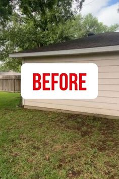 a sign that says before in front of a house with grass and trees behind it