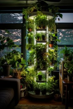 an indoor plant tower with plants growing in it's sides and lights on the side