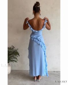 Lasaky - Glamorous Long-Sleeve Evening Wear with Suspender and Beading Beautiful Long Dresses, Elegant Dresses Long, Floor Length Dresses, Guest Outfit, Buy Dress, Collar Dress, Elegant Dress, Guest Dresses, Ruffle Dress