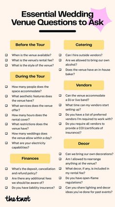 the wedding checklist is shown in yellow and black, with text that reads essential wedding venue questions to ask