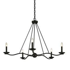 a black chandelier with five candles hanging from the bottom and four lights on each side