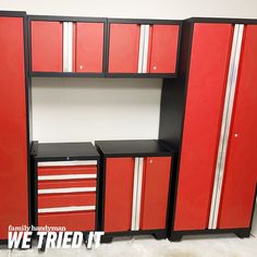 a red and black cabinet with drawers in the middle is featured for an advertisement that says, we tried it