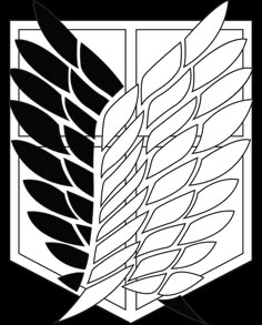 a black and white drawing of a leaf with an arrow in the center, on a square