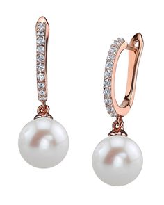 A beautiful pair of 8mm white Freshwater pearl earrings with gorgeous rose gold plated mountings and cubic zirconia stone.  All pearl earrings come packaged in a beautiful pearl jewelry box. These earrings are approximately 1 1/4 inch in height including the pearl. Zara Earrings, 3 Earrings, Diamond Pendants Designs, Silver Diamond Earrings, Mother Of The Bride Gown, Pearl Rose, Pearl Dangle Earrings, Earrings Cute, Pearl Earrings Dangle