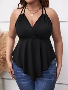 Negro Bohemio Collar  Tela Liso Halter Embellished Elástico Alto  Tops de talla grande Halter Top Outfit Plus Size, Stretch T-back Halter Top For Party, Halter Top Plus Size, Casual V-neck Halter Top For Party, Plus Size Crochet Halter Top Pattern