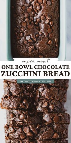 one bowl chocolate zucchini bread in a loaf pan with the title above it