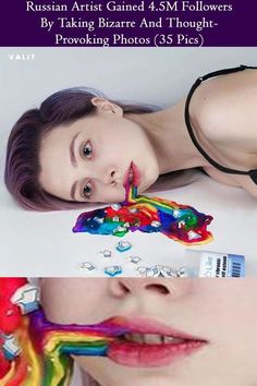 a woman laying on top of a white table next to a rainbow colored object with her mouth open