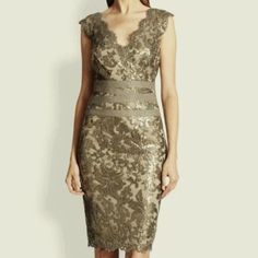 Beautiful, Contemporary Take On A Paillette Floral V Neck Dress, W/ Neo-Grecian Strappy Detail Waist. Color Is A Muted Olive Gray Metallic W/ Shinier Antique Golden Bronze Sequins. Scalloped Collar Line. Bought Retail New, Worn Just Once To Wedding & Cleaned; Was Part Of The Wedding Party & Dj'd/Emcee'd W/O Date So Didn't Dance Much; Only Selling B/C I Realized I'm A Petite Waist/Hip In This Cut, So Snagged A Different Color In A 6p Before Absolutely All Were Gone. Color Looks Different In Different Lights (See Outside Vs Inside For 1 Wear). Can Add More Pics Or Measure For Serious Buyer Interest! Please Don't Low-Ball, This Is An Absolutely Amazing Dress, Extremely Difficult To Find In Luxury Sequined Mother Of The Bride Evening Dress, Luxury Fitted Dress For Mother Of The Bride, Scalloped Collar, Tadashi Shoji Dresses, Tadashi Shoji, Elie Tahari, Gold Sequin, Size 6 Dress, V Neck Dress