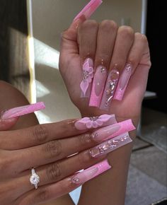 Pink Nail Birthday Set, Pink Baddie Acrylic Nails, Extra Long Nail Ideas, Pink Extra Nails, Pink Nails Prom, Pink Bling Acrylic Nails, Pink Baddie Nails, Pink Glam Nails, Pink Prom Nails