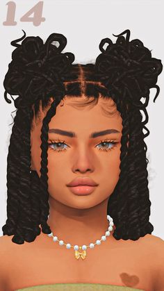 an animated image of a woman with braids and pearls on her head, looking at the camera