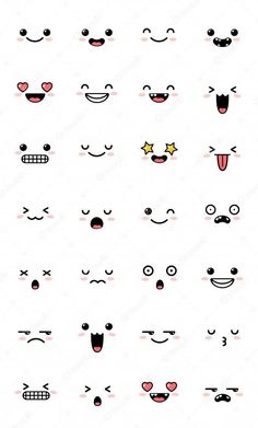 the faces of different types of eyes and mouths, all drawn in black and white