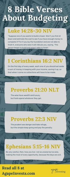 a poster with the words 8 bible verses about budgeting