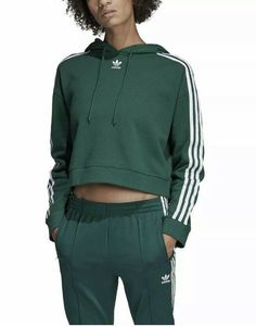 Adidas Originals DX2159 Hoodie Green Cropped Cotton Three Stripe-M. Condition is "New with tags". Shipped with USPS Priority Mail. Striking green color. Women’s size M. Adidas Sweat, Adidas Cropped Hoodie, Short Hoodie, Adidas Country, Womens Athletic Outfits, Striped Crewneck, Adidas Sweater, Sweat Set, Adidas Crop